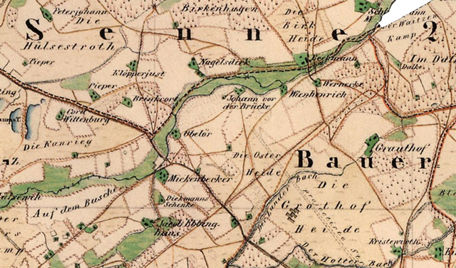 Lage des Hofes Obelöer im Kartenbild der Preußischen Uraufnahme von 1837